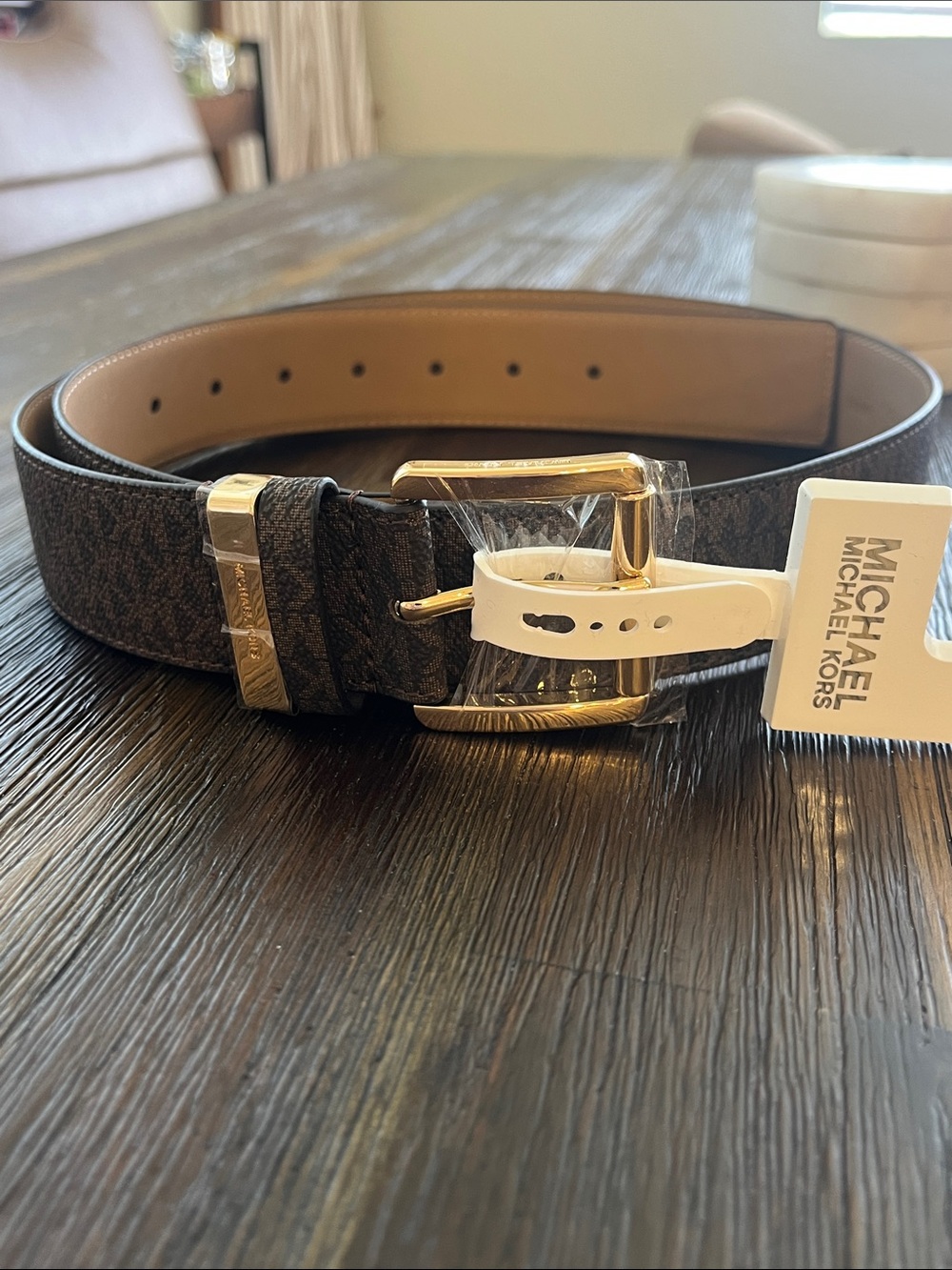 Michael Kors Brown Logo-Print Leather Belt with Gold Buckle